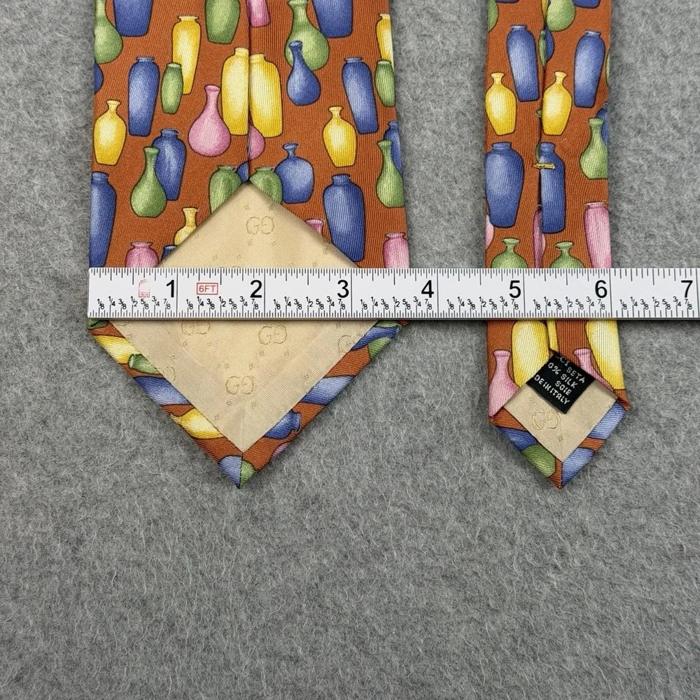 Vintage Gucci Italy Silk Tie Art Pottery Vase Print Orange Multicolor‎ 56x3.75